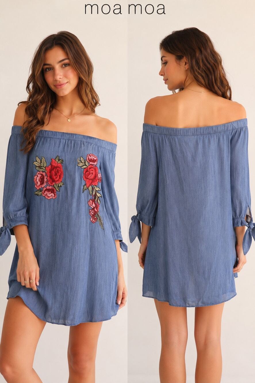 Moa Moa Blue Embroidered Floral Off Shoulder Dress Tie Sleeve Boho Size M